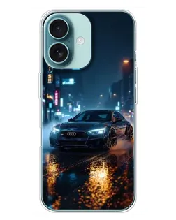 Чехол для iPhone 16 Plus с картинкой «Ночной город и Audi»