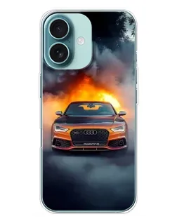 Чехол для iPhone 16 Plus с картинкой «Audi в огненном дыму»