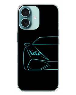 Чехол для iPhone 16 Plus с картинкой «Голубой силуэт Lamborghini»