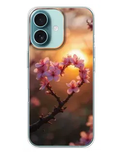 Чохол для iPhone 16 Plus з картинкою «Рожевий цвіт  сердечко на тлі заходу»