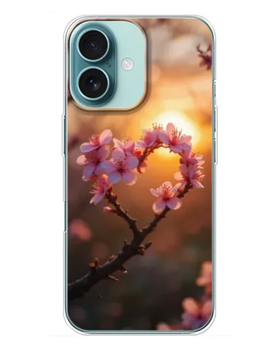 Чохол для iPhone 16 Plus з картинкою «Рожевий цвіт  сердечко на тлі заходу»