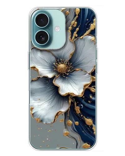 Чохол для iPhone 16 Plus з картинкою «Біла квітка та золотий флюїд»