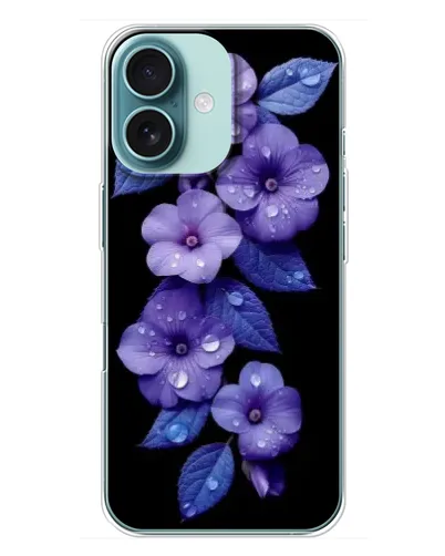Чохол для iPhone 16 Plus з картинкою «Фіолетові квіти з росою»