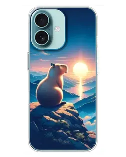 Чохол для iPhone 16 Plus з картинкою «Захід сонця з капібарою»