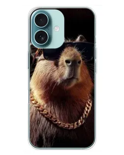 Чохол для iPhone 16 Plus з картинкою «Капібара золотий ланцюг»