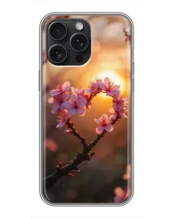Чохол для iPhone 16 Pro Max з картинкою «Рожевий цвіт  сердечко на тлі заходу»