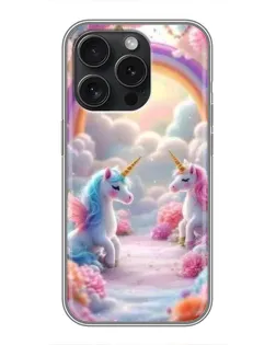 Чохол для iPhone 16 Pro з картинкою «Веселка і єдинороги»