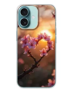 Чохол для iPhone 16 з картинкою «Рожевий цвіт  сердечко на тлі заходу»
