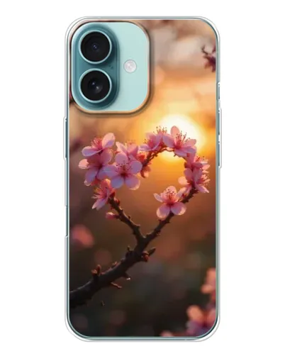 Чохол для iPhone 16 з картинкою «Рожевий цвіт  сердечко на тлі заходу»