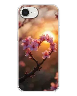 Чохол для iPhone 16e з картинкою «Рожевий цвіт  сердечко на тлі заходу»