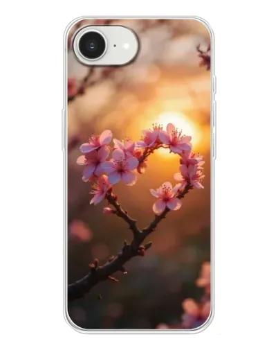 Чохол для iPhone 16e з картинкою «Рожевий цвіт  сердечко на тлі заходу»