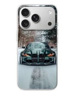 Чехол для iPhone 17 Pro с картинкой «BMW в зимнем лесу»