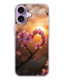 Чохол для iPhone 17 з картинкою «Рожевий цвіт  сердечко на тлі заходу»