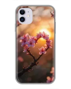 Чохол для iPhone 11 з картинкою «Рожевий цвіт  сердечко на тлі заходу»