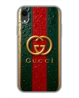 Чехол для iPhone Xr с картинкой «Gucci — фирменная полоса и золото»