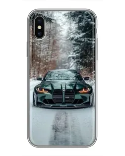 Чехол для iPhone Xs с картинкой «BMW в зимнем лесу»