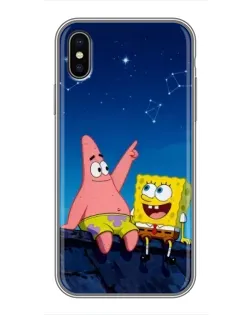 Чехол для iPhone Xs с картинкой «Губка Боб и Патрик ночью»