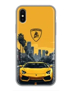 Чехол для iPhone Xs с картинкой «Желтый Lamborghini город»