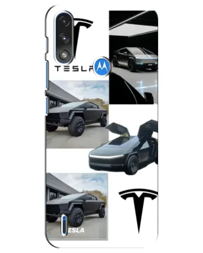Чехол для Motorola E7 Power с картинкой «Коллаж Cybertruck Tesla»