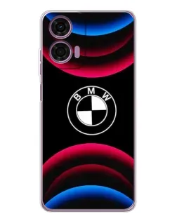 Чехол для Motorola Moto E14 с картинкой «Логотип BMW и неоновые дуги»