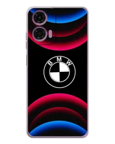 Чехол для Motorola Moto E14 с картинкой «Логотип BMW и неоновые дуги»