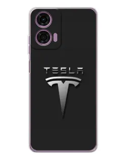 Чехол для Motorola Moto E14 с картинкой «Стальной логотип Tesla»