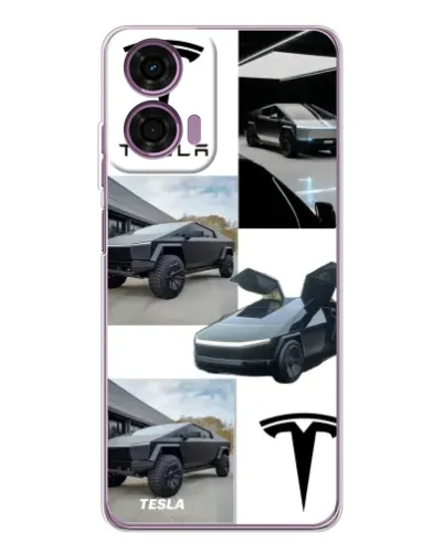 Чехол для Motorola Moto E14 с картинкой «Коллаж Cybertruck Tesla»
