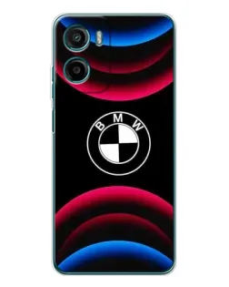 Чехол для Motorola Moto E15 с картинкой «Логотип BMW и неоновые дуги»