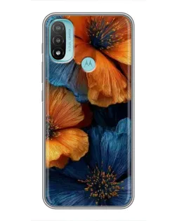 Чехол для Motorola MOTO E20 с картинкой «Яркая сине-оранжевая флора»
