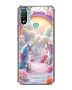 Чехол для Motorola MOTO E40 с картинкой «Радуга и единороги»