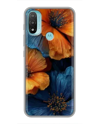 Чехол для Motorola MOTO E40 с картинкой «Яркая сине-оранжевая флора»