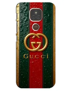 Чехол для Motorola MOTO E7 Plus с картинкой «Gucci — фирменная полоса и золото»