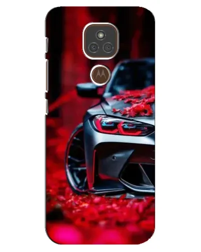 Чехол для Motorola MOTO E7 Plus с картинкой «Спортивная BMW и цветы»