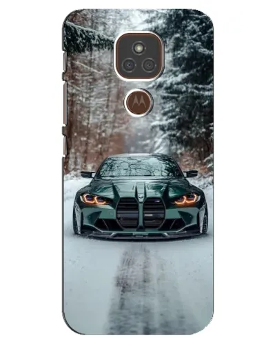 Чехол для Motorola MOTO E7 Plus с картинкой «BMW в зимнем лесу»