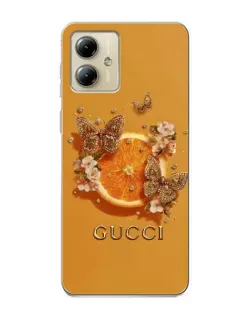 Чехол для Motorola MOTO G14 с картинкой «Gucci — золотые бабочки»