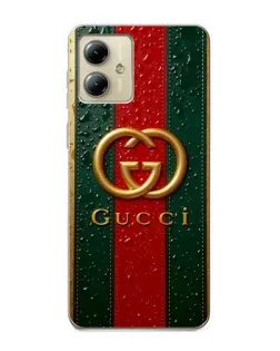 Чехол для Motorola MOTO G14 с картинкой «Gucci — фирменная полоса и золото»