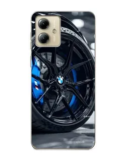 Чехол для Motorola MOTO G14 с картинкой «Колесо BMW вблизи»