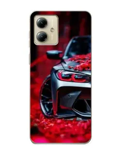 Чехол для Motorola MOTO G14 с картинкой «Спортивная BMW и цветы»