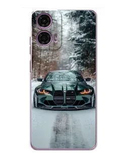Чехол для Motorola MOTO G24 Power с картинкой «BMW в зимнем лесу»