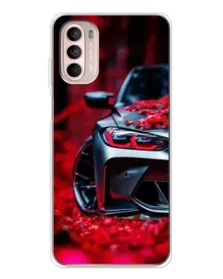 Чехол для Motorola MOTO G52 с картинкой «Спортивная BMW и цветы»