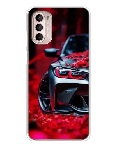 Чехол для Motorola MOTO G52 с картинкой «Спортивная BMW и цветы»
