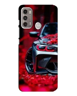 Чехол для Motorola MOTO G60 с картинкой «Спортивная BMW и цветы»