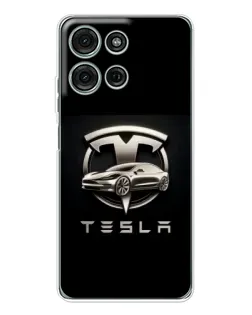 Чехол для Motorola Moto G75 с картинкой «Tesla — серебристое авто»