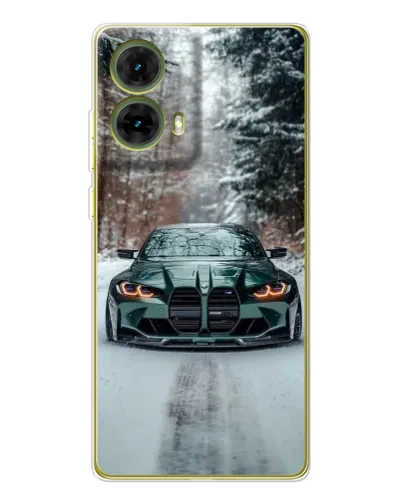 Чехол для Motorola MOTO G85 с картинкой «BMW в зимнем лесу»