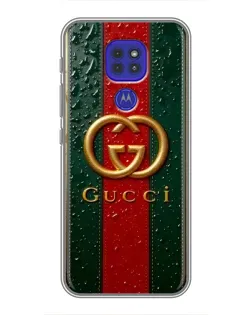 Чехол для Motorola MOTO G9 Play с картинкой «Gucci — фирменная полоса и золото»