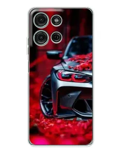 Чехол для Motorola Moto G96 5G с картинкой «Спортивная BMW и цветы»