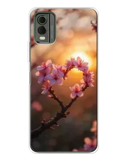 Чохол для Nokia C32 з картинкою «Рожевий цвіт  сердечко на тлі заходу»