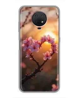 Чехол для Nokia G10 с картинкой «Розовый цвет сердце на фоне заката»