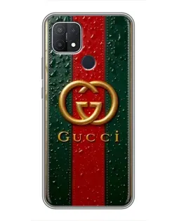 Чехол для OPPO A15 с картинкой «Gucci — фирменная полоса и золото»