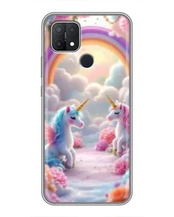 Чехол для OPPO A15 с картинкой «Радуга и единороги»